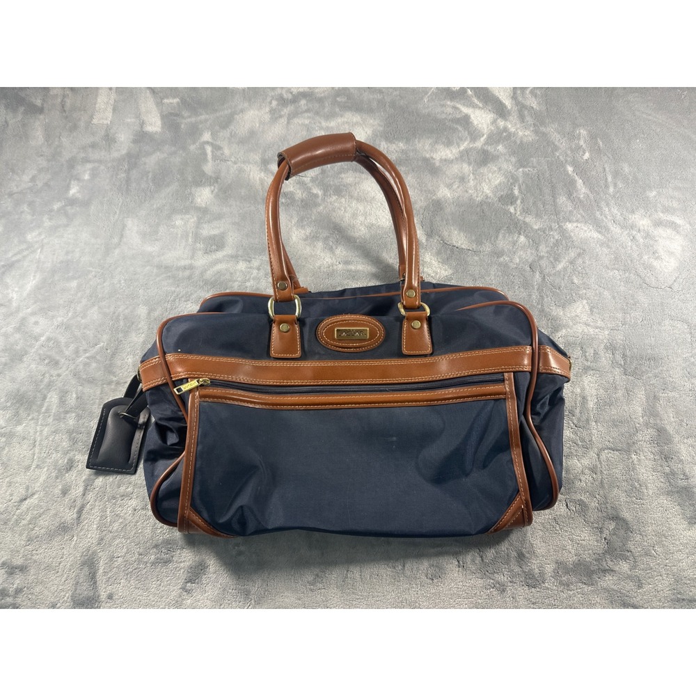 Jaguar Navy Blue Nylon Duffel Bag Brown Trim Weekender Travel Carry On Luggage